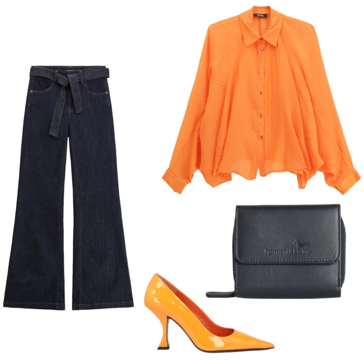 Outfit donna - La camicia ampia. Stile Trendy per Tutti i giorni. Abbinamento con décolleté, portafogli, jeans a zampa, camicie.