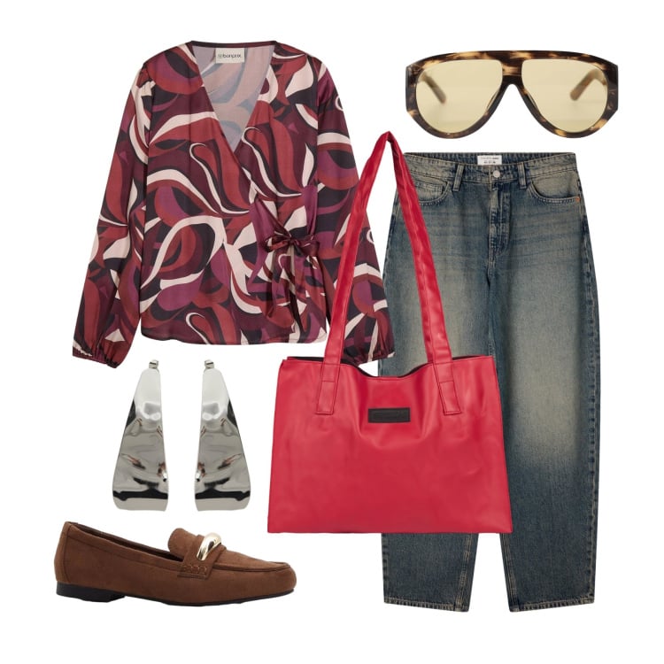 Outfit donna - Marzo. Stile Trendy per Tutti i giorni. Abbinamento con camicie, mocassini, jeans, occhiali da sole, orecchini, shopping bag.