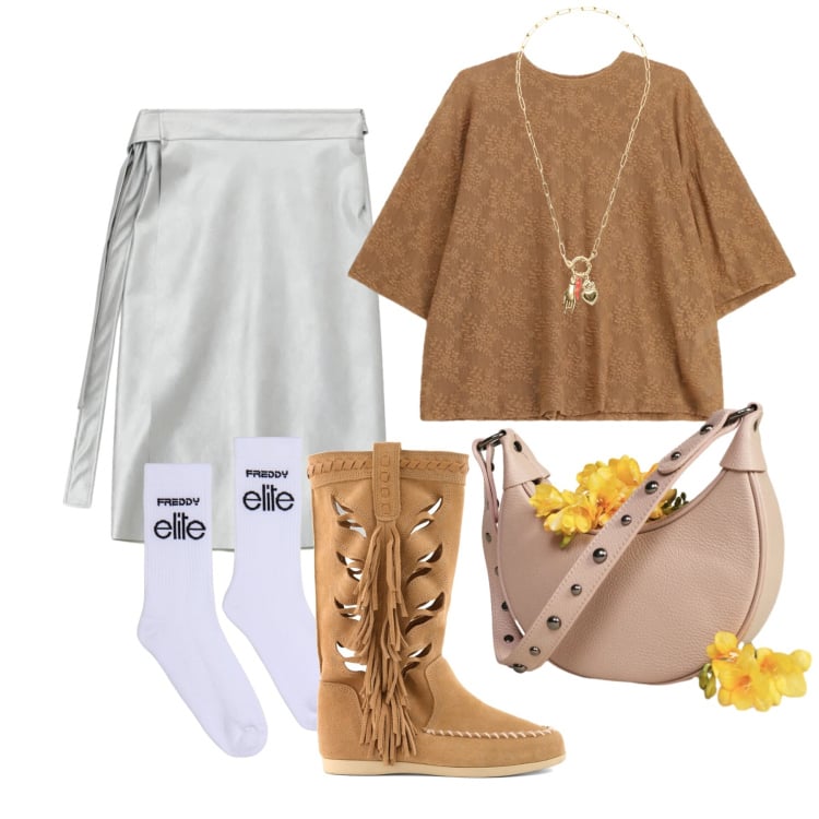 Outfit donna - Marzo. Stile Trendy per Tutti i giorni. Abbinamento con bluse, gonne longuette, borse a spalla, ciondoli, calzini, stivali.