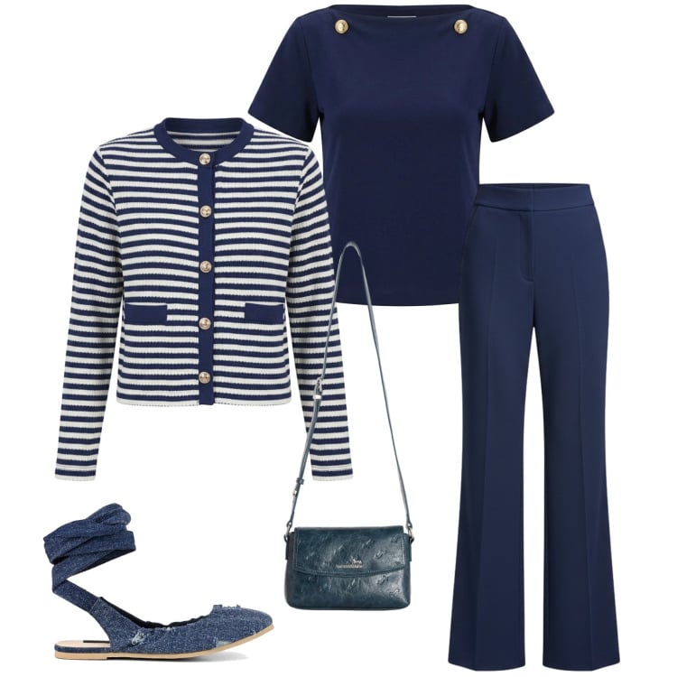Outfit donna - Primavera in blu. Stile Casual chic per Tutti i giorni. Abbinamento con borse a tracolla, t-shirt, cardigans, pantaloni a palazzo, ballerine.