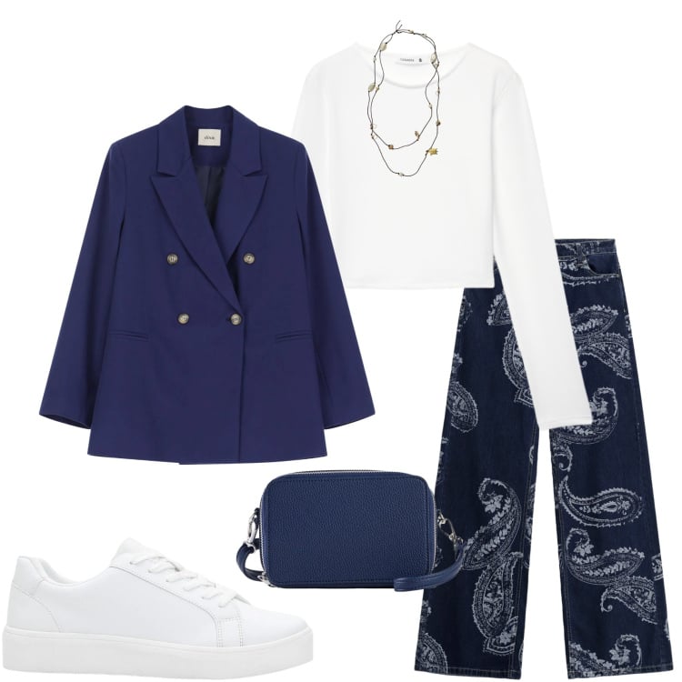 Outfit donna - Fine di marzo. Stile Casual chic per Ufficio. Abbinamento con sneakers, borse a tracolla, t-shirt, jeans, blazer, collane.