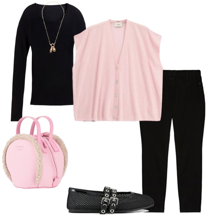 Outfit donna - Basic style. Stile Basic per Ufficio. Abbinamento con zaini, maglieria, jeggings, gilet, ciondoli, ballerine.