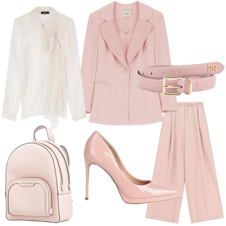 Outfit donna - marzo= rosa. Stile Chic per Serata fuori. Abbinamento con décolleté, zaini, cinture, pantaloni a palazzo, camicie, blazer.