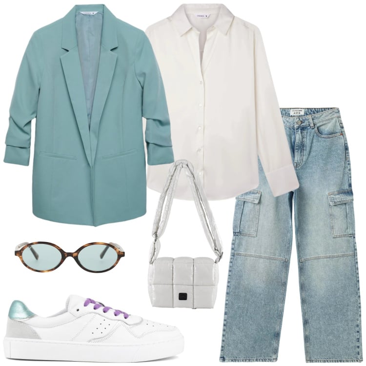 Outfit donna - Fresh Urban Breeze. Stile Casual chic per Tutti i giorni. Abbinamento con camicie, blazer, jeans, occhiali da sole, borse a spalla, sneakers.