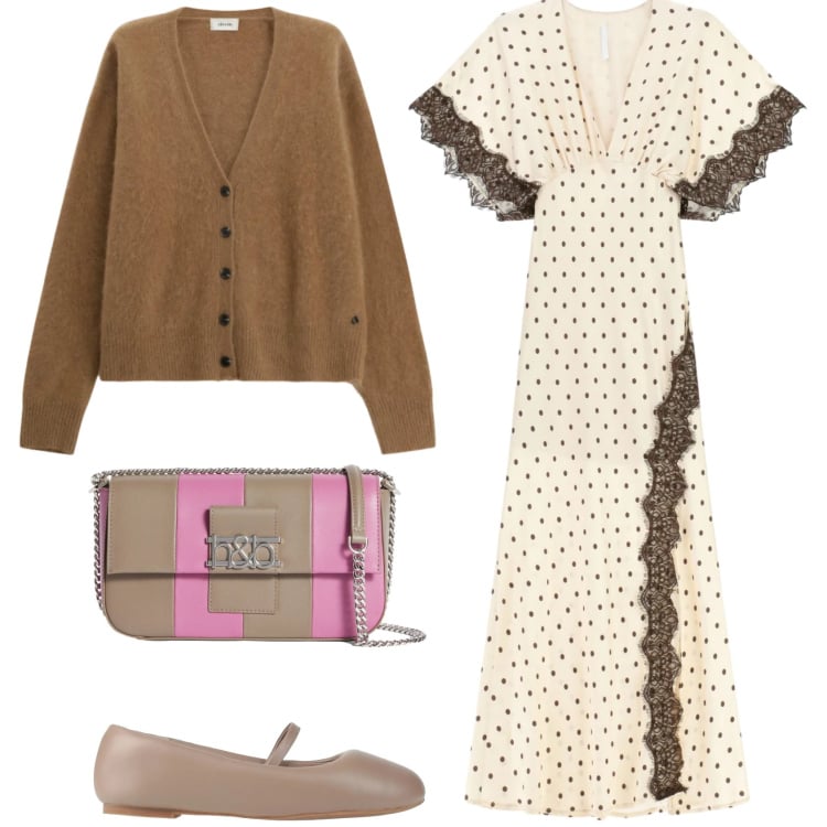 Outfit donna - Romantica e comoda. Stile Romantica per Serata fuori. Abbinamento con ballerine, borse a spalla, vestiti lunghi, cardigans.