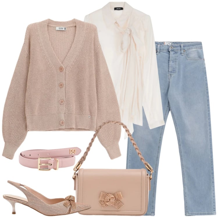 Outfit donna - Eleganza coi jeans. Stile Romantica per Serata fuori. Abbinamento con cardigans, jeans, décolleté, pochette, cinture, camicie.