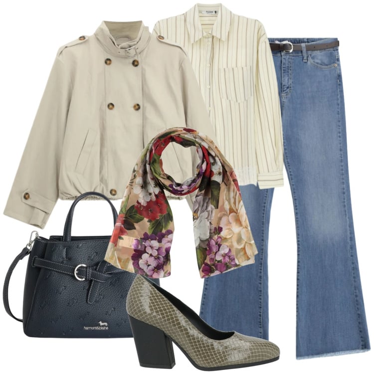 Outfit donna - Jeans in ufficio. Stile Casual chic per Ufficio. Abbinamento con décolleté, sciarpe, borse a mano, camicie, jeans, giacche.