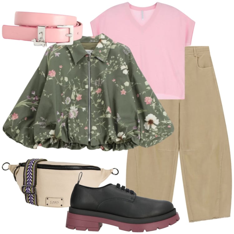 Outfit donna - Bomber a fiori. Stile Glamour per Scuola/Università. Abbinamento con marsupi, scarpe stringate, cinture, bomber, t-shirt, pantaloni a palazzo.