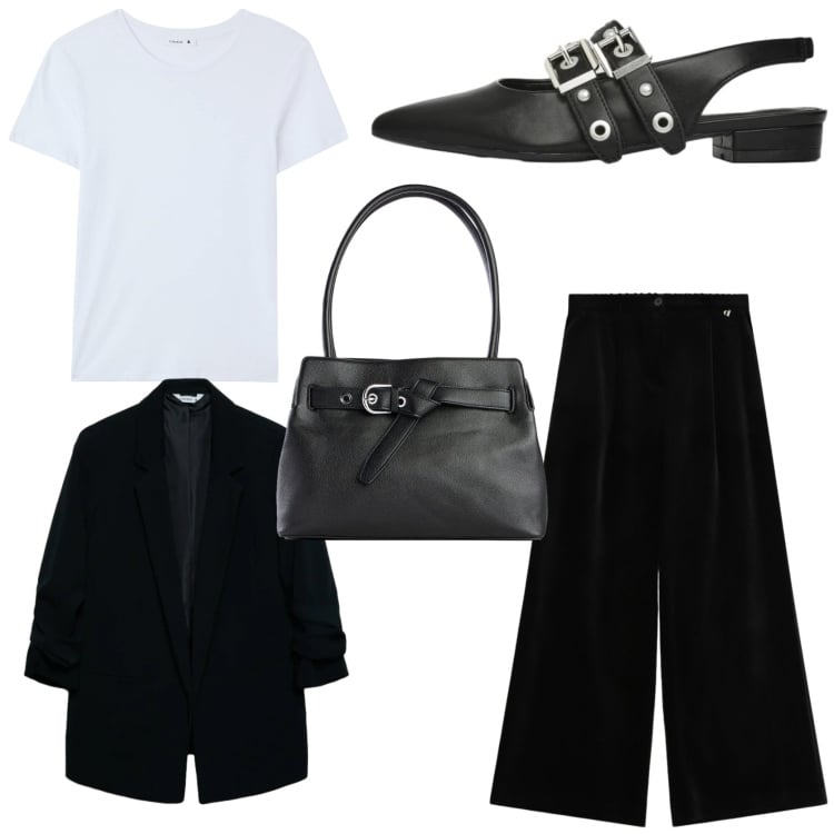 Outfit donna - Street style minimalista. Stile Urban per Tutti i giorni. Abbinamento con borse a mano, t-shirt, ballerine, blazer, pantaloni a palazzo.