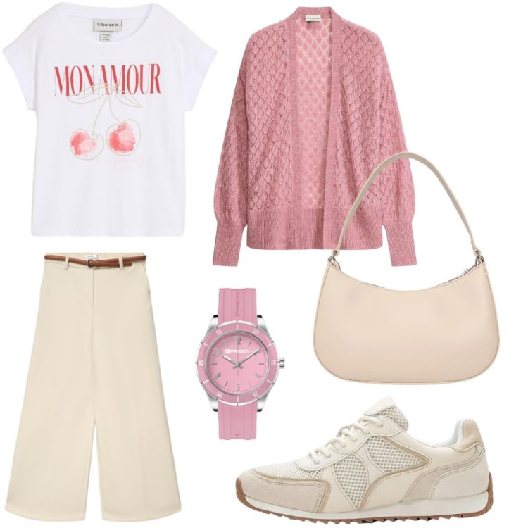 Outfit donna - Total look #2368061. Stile Casual chic per Ufficio. Abbinamento con t-shirt, sneakers alte, cardigans, pantaloni, borse a tracolla, orologi.