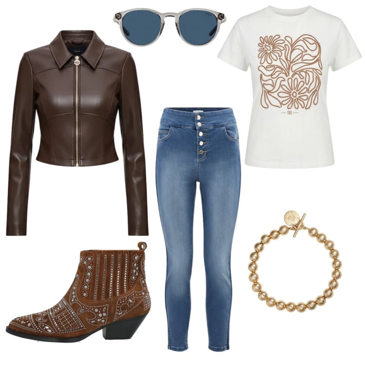 Outfit donna - Total look #2368063. Stile Casual per Tutti i giorni. Abbinamento con stivaletti, giacche, t-shirt, jeans, occhiali da sole, braccialetti.