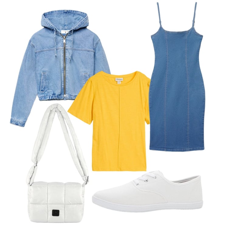 Outfit donna - Sunshine. Stile Casual per Tutti i giorni. look ideale per Petite. Abbinamento con sneakers, t-shirt, bomber, vestiti midi/longuette, borse a spalla.