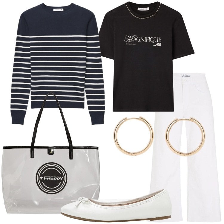 Outfit donna - Il ritorno delle ballerine. Stile Basic per Tutti i giorni. Abbinamento con jeans, ballerine, orecchini, maglieria, t-shirt, shopping bag.