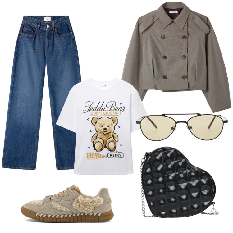Outfit donna - Look di tendenza. Stile Casual per Tutti i giorni. Abbinamento con jeans, t-shirt, borse a tracolla, caban, occhiali da sole, sneakers.