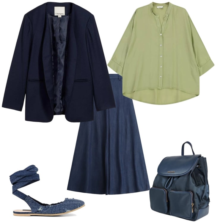 Outfit donna - Total look #2368071. Stile Casual chic per Ufficio. Abbinamento con zaini, blazer, pantaloni a palazzo, camicie, ballerine.