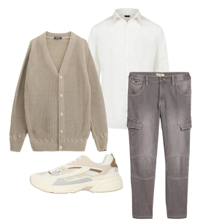 Outfit uomo - Marzo. Stile Trendy per Tutti i giorni. Abbinamento con jeans dritti, sneakers, cardigans, camicie.