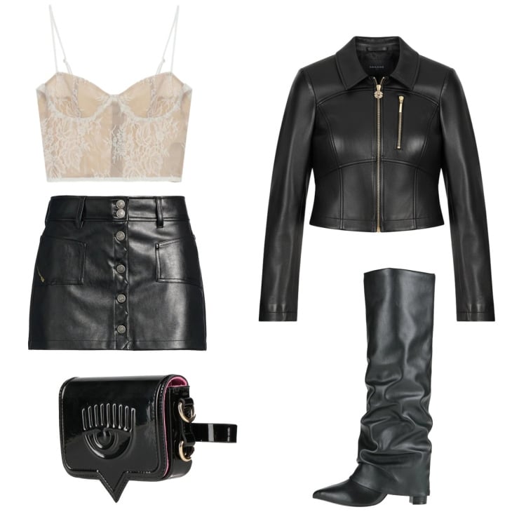 Outfit donna - Serata un discoteca. Stile Glamour per Serata fuori. Abbinamento con minigonne, stivali, marsupi, giacche, canottiere.