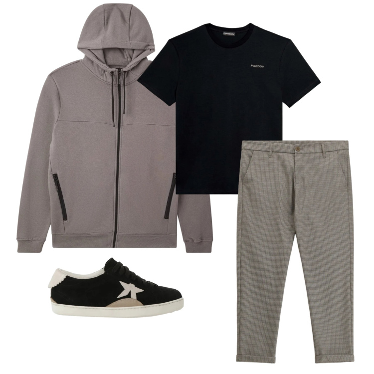 Outfit uomo - Marzo. Stile Trendy per Tutti i giorni. Abbinamento con felpe con cappuccio, pantaloni, sneakers, t-shirt.