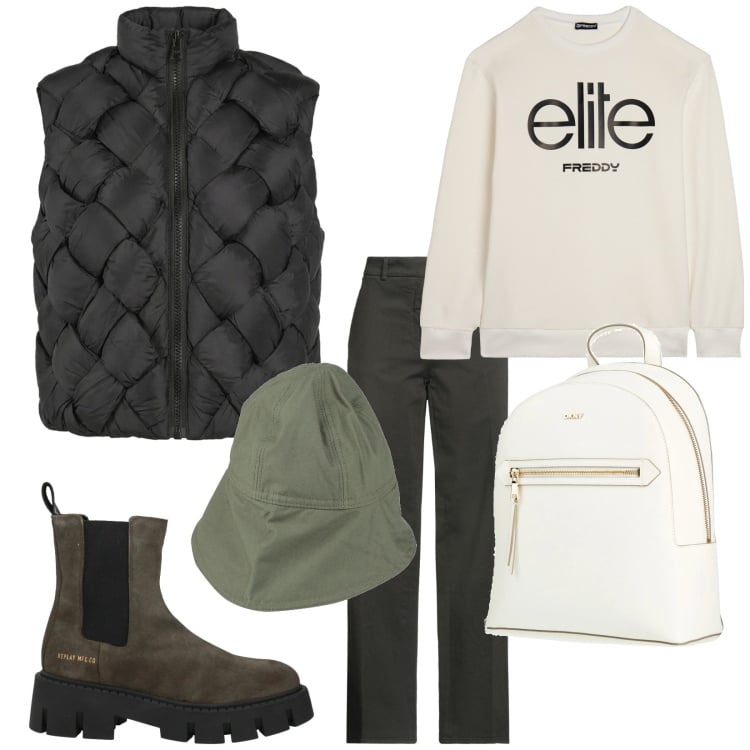 Outfit donna - Trentino. Stile Casual per Tutti i giorni. Abbinamento con zaini, jeans dritti, stivaletti chelsea, cappelli, gilet, felpe.