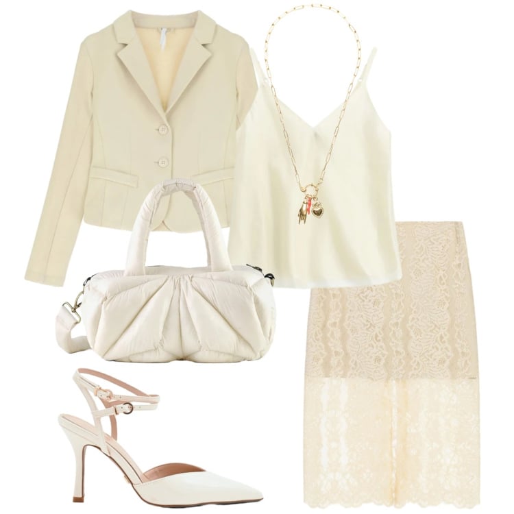 Outfit donna - Total look #2368078. Stile Sexy per Serata fuori. Abbinamento con décolleté, gonne longuette, blazer, borse a mano, top, ciondoli.