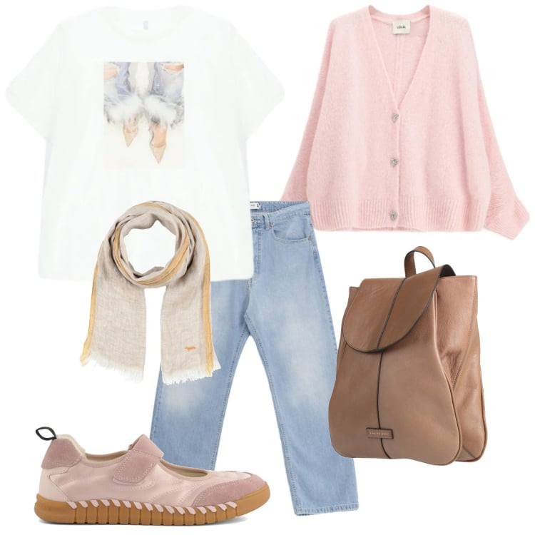 Outfit donna - PrimaVera. Stile Casual per Tutti i giorni. Abbinamento con sciarpe, zaini, jeans, t-shirt, cardigans, ballerine.