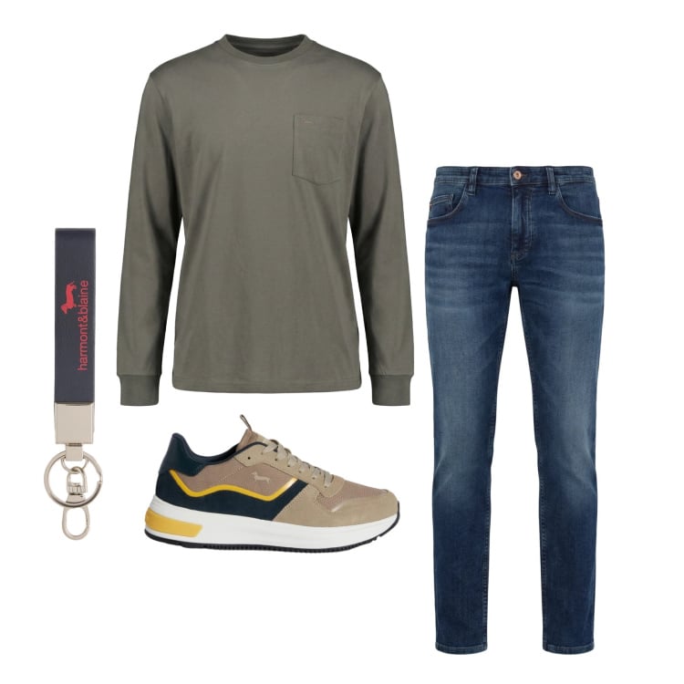 Outfit uomo - Marzo. Stile Trendy per Tutti i giorni. Abbinamento con portachiavi, t-shirt, sneakers, jeans.