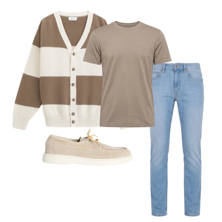 Outfit uomo - Marzo. Stile Casual per Tutti i giorni. Abbinamento con scarpe stringate, jeans, t-shirt, cardigans.