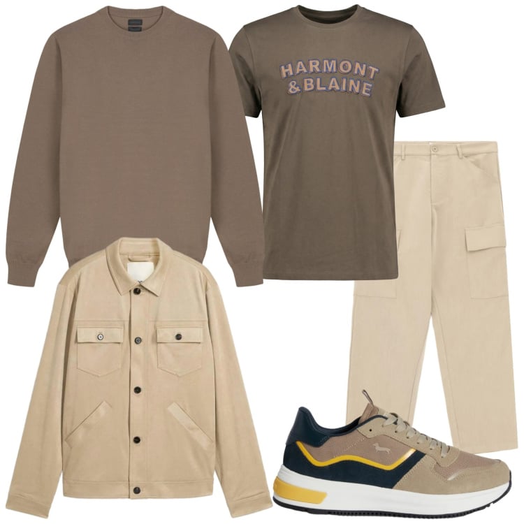 Outfit uomo - Marzo fra due stagioni. Stile Urban per Tutti i giorni. Abbinamento con cappotti, t-shirt, sneakers, pantaloni cargo, maglieria.
