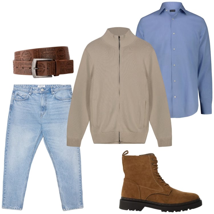 Outfit uomo - Il cardigan maschile. Stile Casual per Tutti i giorni. Abbinamento con cinture, anfibi, camicie, cardigans, jeans.