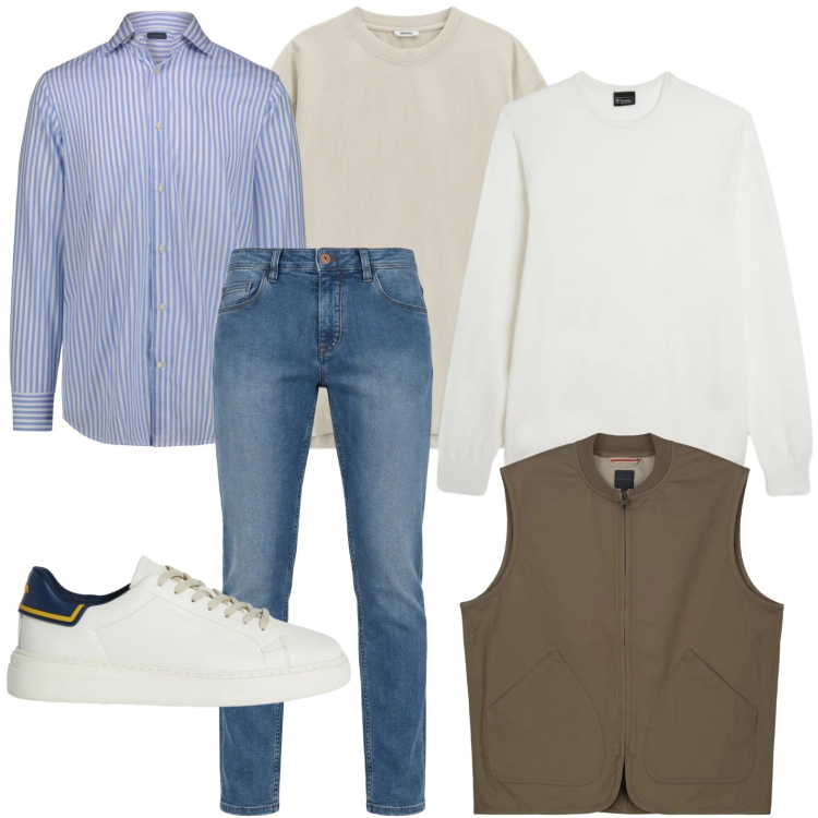 Outfit uomo - Layering day. Stile Trendy per Tutti i giorni. Abbinamento con t-shirt, sneakers, jeans, maglieria, camicie, gilet.