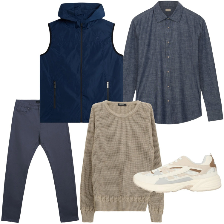 Outfit uomo - Gilet cool. Stile Trendy per Tutti i giorni. Abbinamento con maglieria, piumini, pantaloni skinny, camicie, sneakers.
