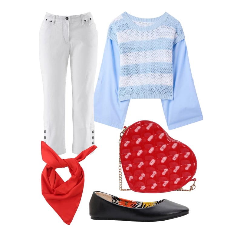 Outfit donna - Sky heart. Stile Preppy per Tutti i giorni. look ideale per Petite. Abbinamento con jeans, ballerine, maglieria, borse a tracolla, foulard.