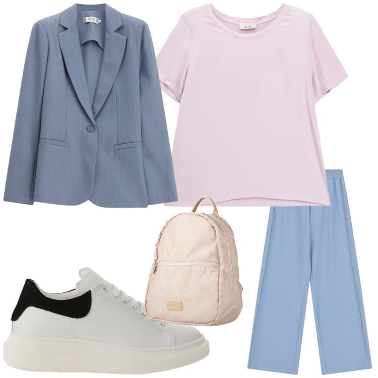 Outfit donna - Total look #2368138. Stile Casual per Tutti i giorni. Abbinamento con zaini, blazer, pantaloni a palazzo, sneakers, t-shirt.