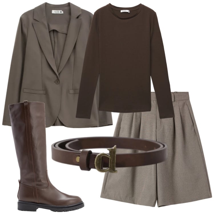 Outfit donna - Total look #2368144. Stile Basic per Ufficio. Abbinamento con stivali, blazer, cinture, t-shirt, bermuda.