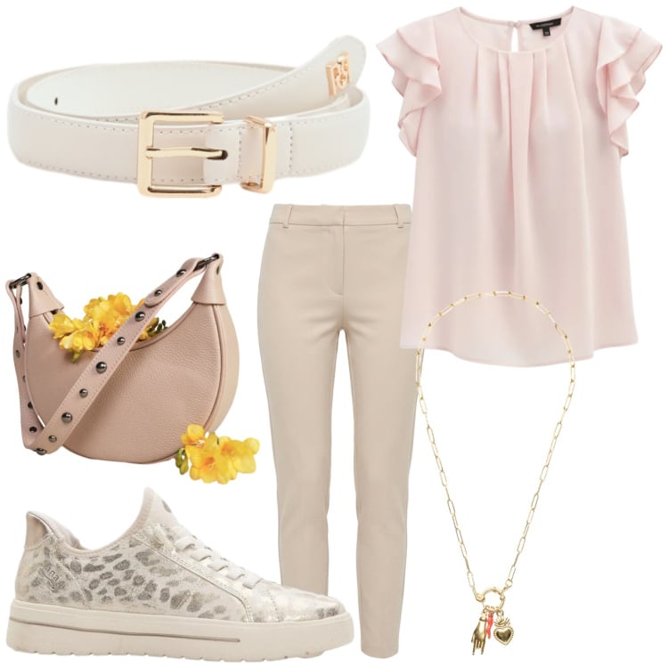 Outfit donna - Total look #2368163. Stile Casual per Tutti i giorni. Abbinamento con sneakers, cinture, top, pantaloni skinny, borse a spalla, ciondoli.