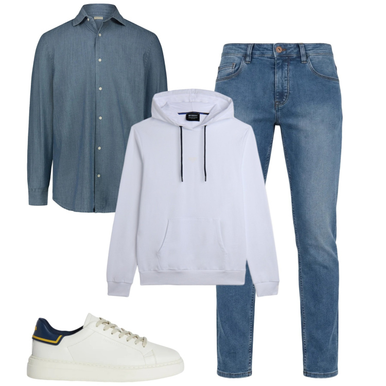 Outfit uomo - Marzo. Stile Urban per Tutti i giorni. Abbinamento con sneakers, jeans, camicie, felpe con cappuccio.