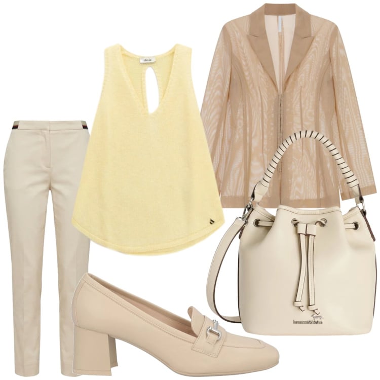 Outfit donna - Total look #2368181. Stile Casual chic per Tutti i giorni. Abbinamento con mocassini, borse a secchiello, pantaloni chino, blazer, top.