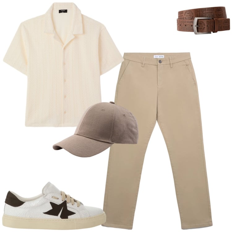 Outfit uomo - City. Stile Urban per Tutti i giorni. Abbinamento con cinture, sneakers, pantaloni chino, cappelli con visiera, camicie a manica corta.
