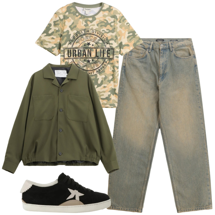Outfit uomo - Total look #2368203. Stile Casual per Tutti i giorni. Abbinamento con t-shirt, cappotti, jeans, sneakers.
