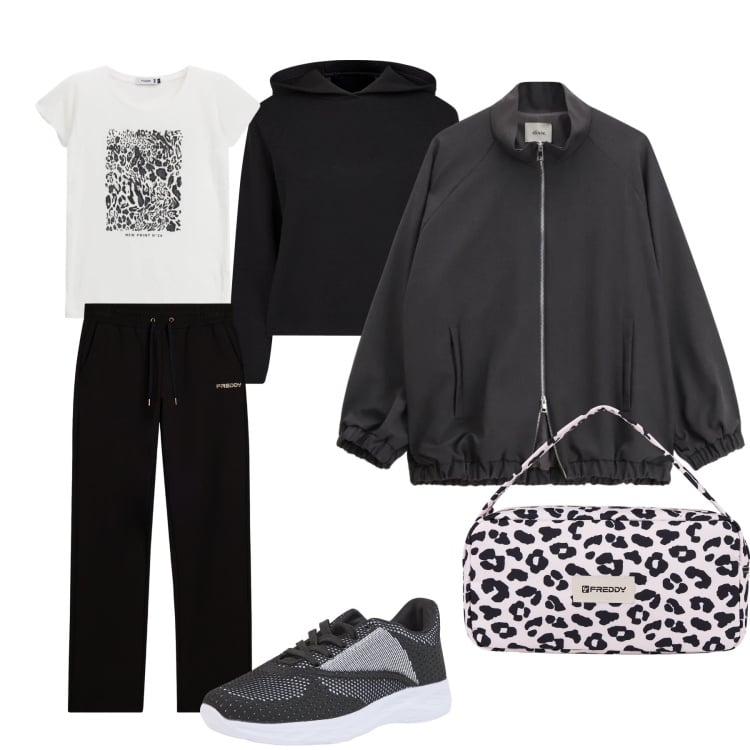 Outfit donna - giorno libero. Stile Basic per Tutti i giorni. Abbinamento con sneakers, t-shirt, bomber, borse a spalla, pantaloni, maglieria.