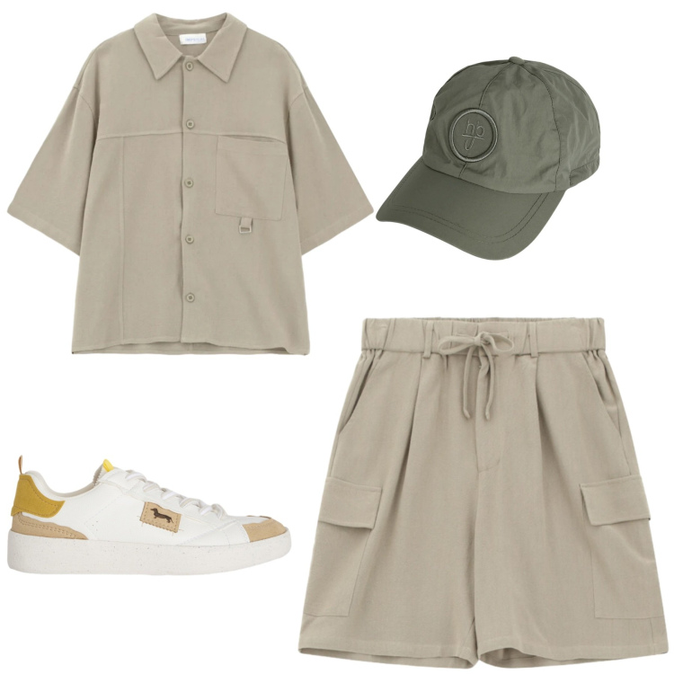 Outfit uomo - Spring. Stile Trendy per Tutti i giorni. Abbinamento con sneakers, cappelli, camicie a manica corta, bermuda.