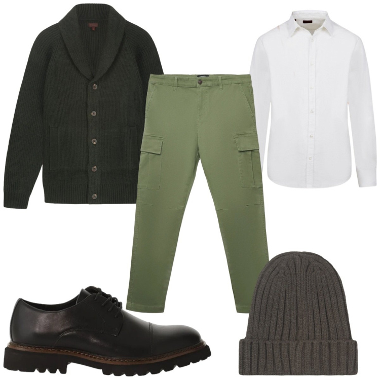 Outfit uomo - Il cardigan maschile: in verde. Stile Casual per Ufficio. Abbinamento con pantaloni cargo, scarpe stringate, cardigans, camicie, berretti.