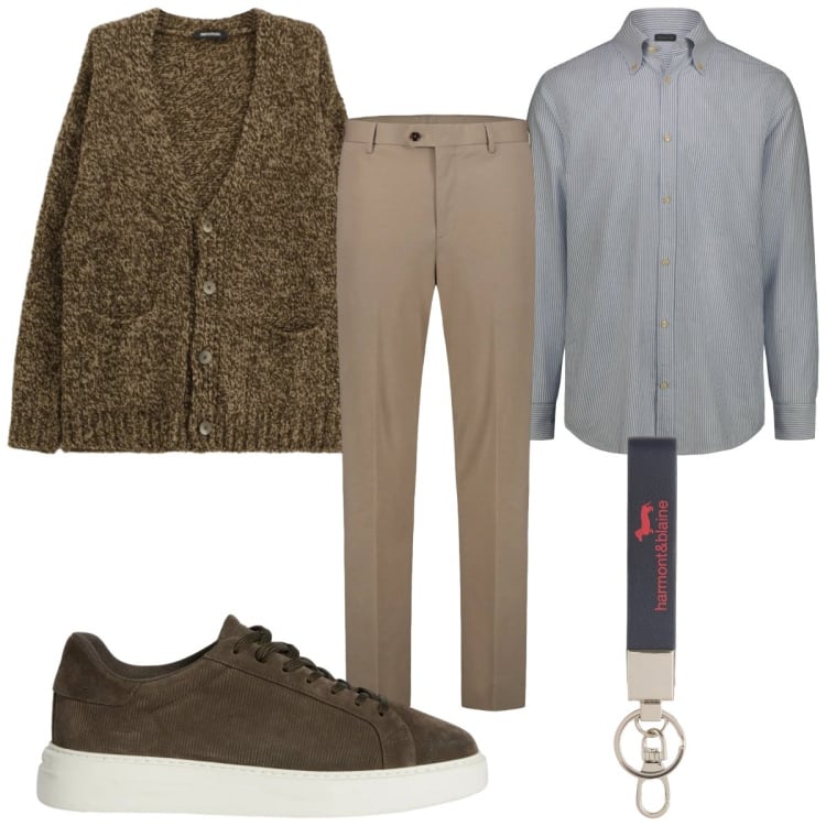 Outfit uomo - Il cardigan maschile : in ufficio. Stile Casual per Ufficio. Abbinamento con portachiavi, sneakers, cardigans, pantaloni, camicie.