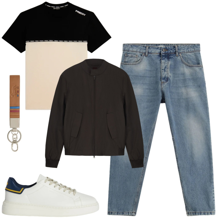 Outfit uomo - City. Stile Casual per Tutti i giorni. Abbinamento con portachiavi, sneakers, jeans, t-shirt, bomber.