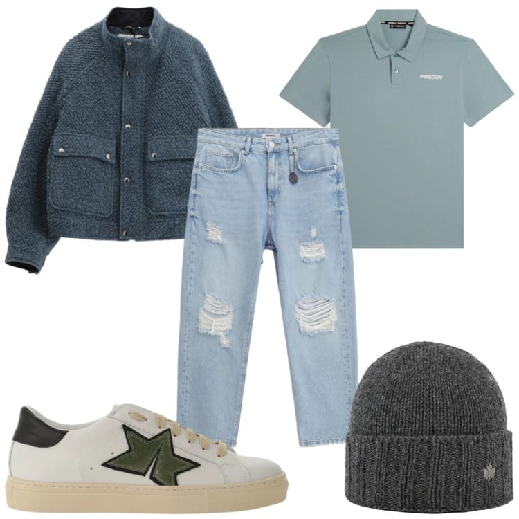 Outfit uomo - Verso la nuova stagione :polo e cappotto. Stile Casual per Tutti i giorni. Abbinamento con jeans strappati, sneakers, bomber, polo, cappelli.