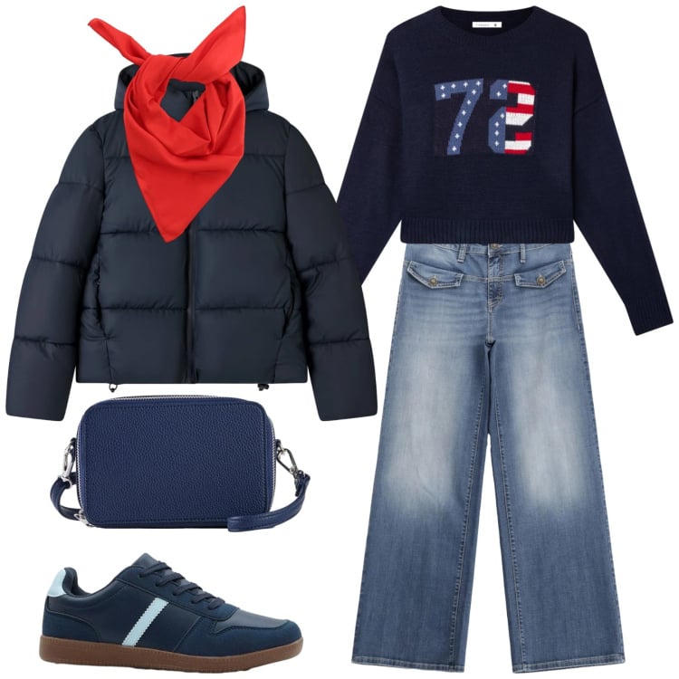 Outfit donna - City. Stile Urban per Tutti i giorni. Abbinamento con sneakers, borse a tracolla, bomber, t-shirt, foulard, jeans.