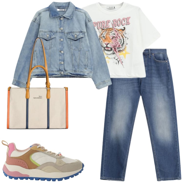 Outfit donna - Total look #2368276. Stile Casual per Tutti i giorni. Abbinamento con borse tote, jeans dritti, blazer, t-shirt, sneakers.