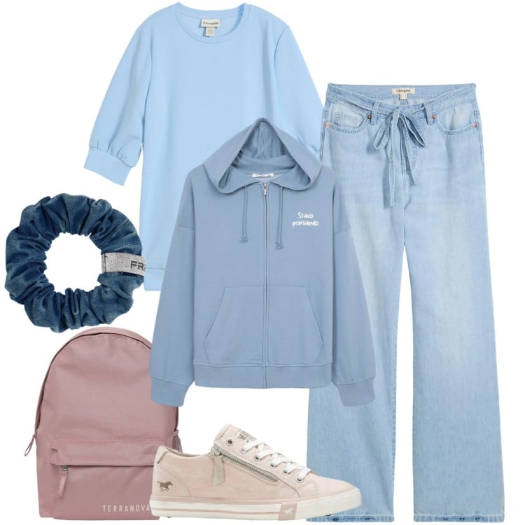 Outfit donna - Total look #2368278. Stile Sporty chic per Tutti i giorni. Abbinamento con jeans, felpe, sneakers, felpe con cappuccio, zaini, accessori per capelli.