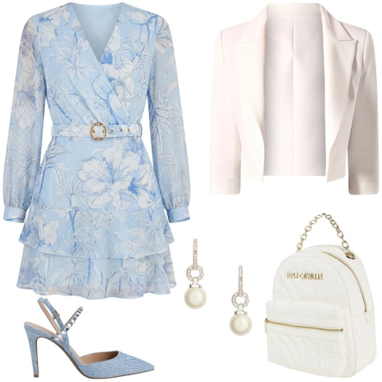 Outfit donna - Abito Rinascimento SS26. Stile Romantica per Cerimonia. Abbinamento con décolleté, zaini, blazer, vestiti corti, orecchini.