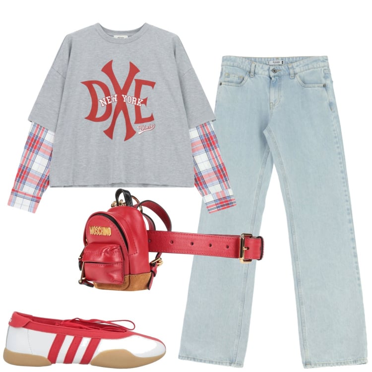 Outfit donna - Marzo. Stile Casual per Tutti i giorni. Abbinamento con marsupi, ballerine, jeans dritti, t-shirt.